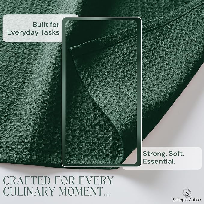 Forest Green Kitchen Dish Towels Set of 12-100% Cotton Waffle Weave, Super Absorbent, Soft, Quick Drying, 16x26 Inches, Ideal for Cleaning, Bar, Tea, and Everyday Use, Olive Green