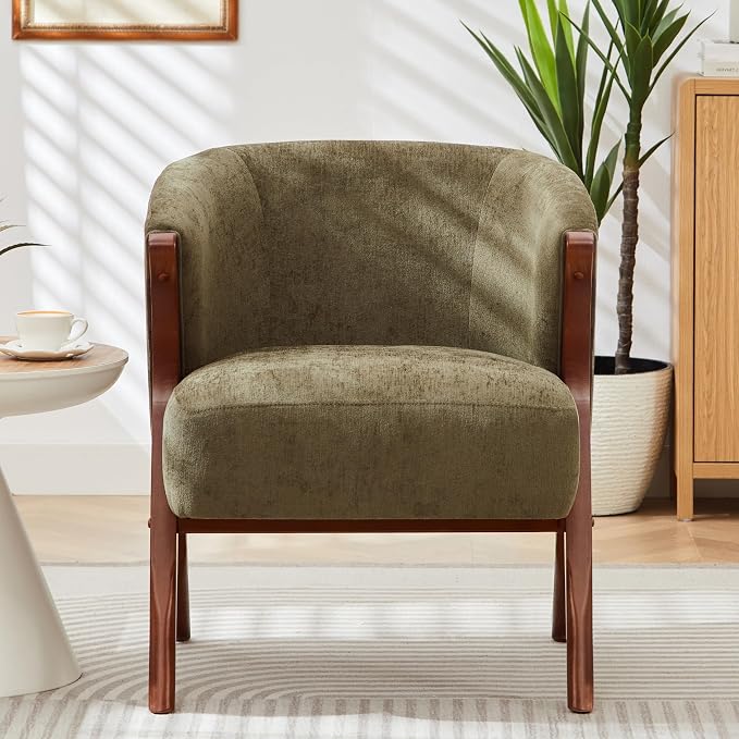 Merax Mid-Century Modern Accent Chair with Solid Wood A-Frame & Wrap-Around Backrest, High-Density Foam Cushion & Rounded Edges for Living Room, Reading Nook, Lounge Area (Green+Walnut)