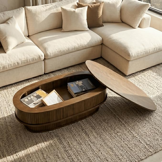 NTC Stream DOU Coffee Table, Modern Oval Wood Table with Removable Top Hidden Storage, Double-Layer Design with Vertical Groove Detail, Contemporary Center Table for Living Room, Dark Walnut