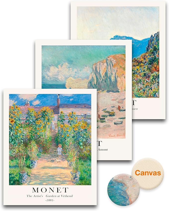 HesenDot Unframed Claude Monet Posters Set of 3, 12x16in Vintage Landscape Canvas Prints, Impressionism Paintings Wall Decoration for Living Room Bedroom Gallery Office Home, Unframed