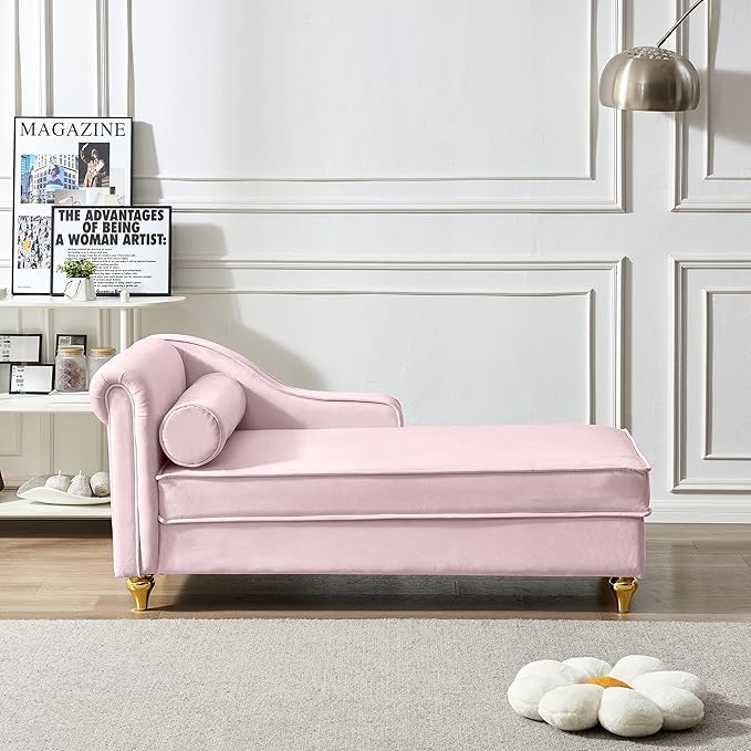 60.6''Velvet Chaise Lounge Indoor, Modern Velvet Lounge Chair with Left Armrest & Lumbar Pillow,Button Tufted Lounge Sofa with Storage for Bedroom, Living Room and Office,Pink