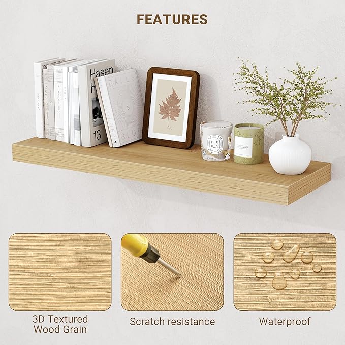 55 Inch Floating Shelves, 3D Textured Wood Grain, 55"x9.25"x1.5" Inch Deep Floating Shelves for Wall, Wooden Shelves for Bathroom, Bedroom, Living Room, Natural,1 Piece