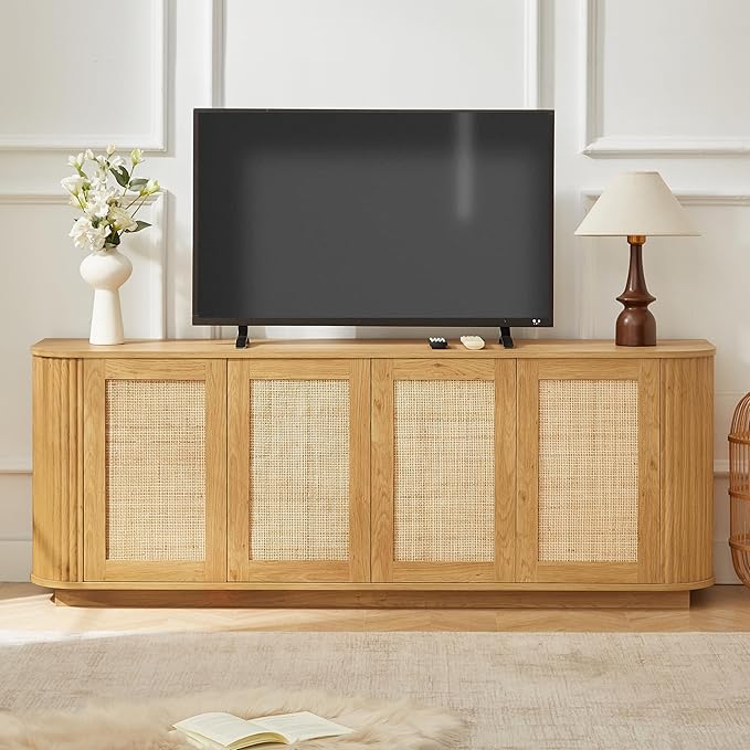 LKTART 64" Sideboard Buffet Cabinet with Storage, Wooden Fluted Storage Cabinet Sideboard with Adjustable Shelves Pressed Spring Rattan Doors for Kitchen Living Room (Natural)