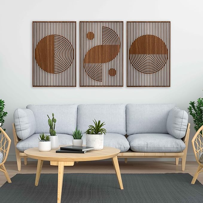 Bauhaus Wall Art Wood Boho Style, Large Mid Century Modern Decor, Abstract Wooden Wall Art, Set of 3 Geometric Wood Wall Panel, Home Gift