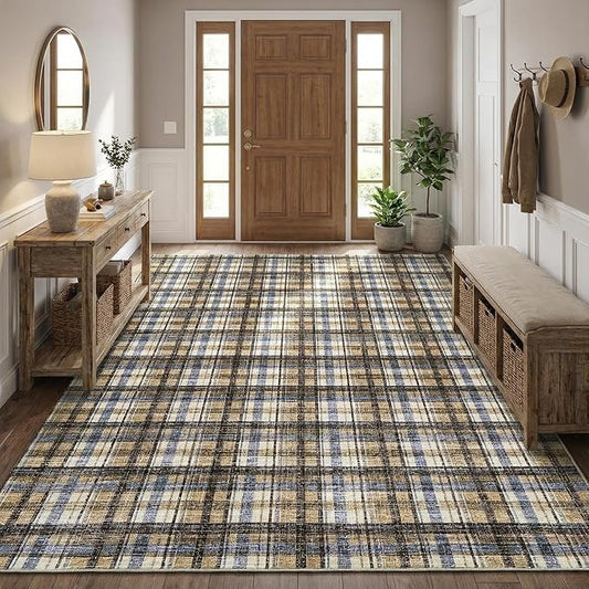 Living Room Rug 4x6 Washable Area Rug for Bedroom Modern Boho Border Non Slip Throw Rugs Soft Low Pile Stain Resistant Carpet for Nursery Classroom Dining Room 4'x6' Blue&Camel
