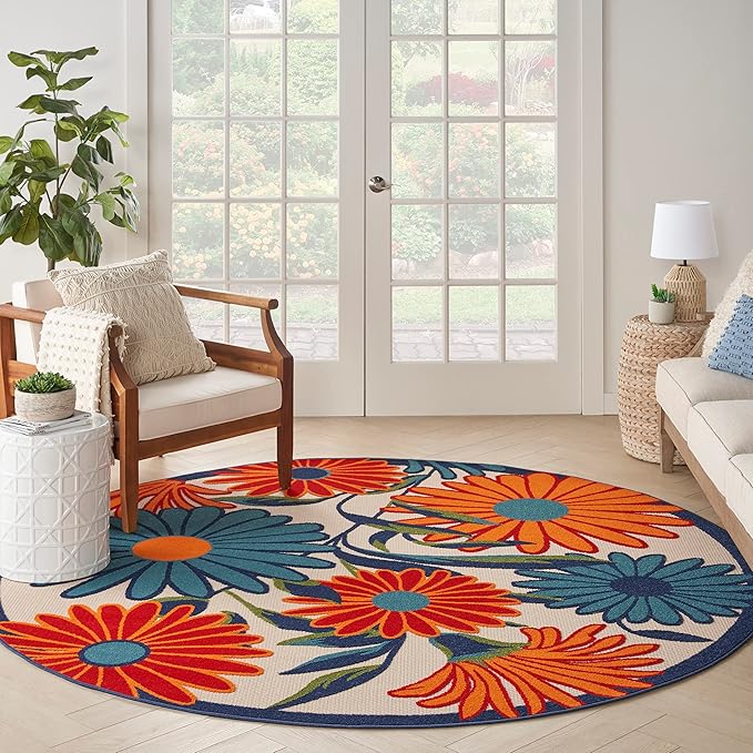 Nourison Home Aloha Multicolor 7'10" x Round Area Rug - Easy Clean, Non Shedding, Bed Room, Living Room, Dining Room, Kitchen (8' x Round)