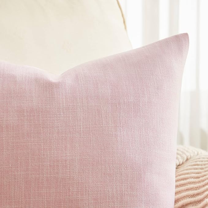 ZeeMart Rustic Cotton Linen Throw Pillow Covers Set of 2, 20x20 Inch Pink, Farmhouse Style Decorative Couch Pillow Cases Cushion Covers for Sofa Bed Living Room Home Decor