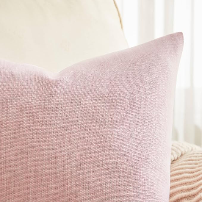 ZeeMart Rustic Cotton Linen Throw Pillow Covers Set of 2, 24x24 Inch Pink, Farmhouse Style Decorative Couch Pillow Cases Cushion Covers for Sofa Bed Living Room Home Decor