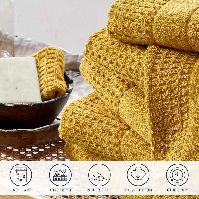 Market & Place 100% Cotton Super Soft Luxury Hand Towel Set | Quick-Dry and Highly Absorbent | Waffle Textured | 550 GSM | Includes 6 Hand Towels | Harper Collection (Mustard Yellow)