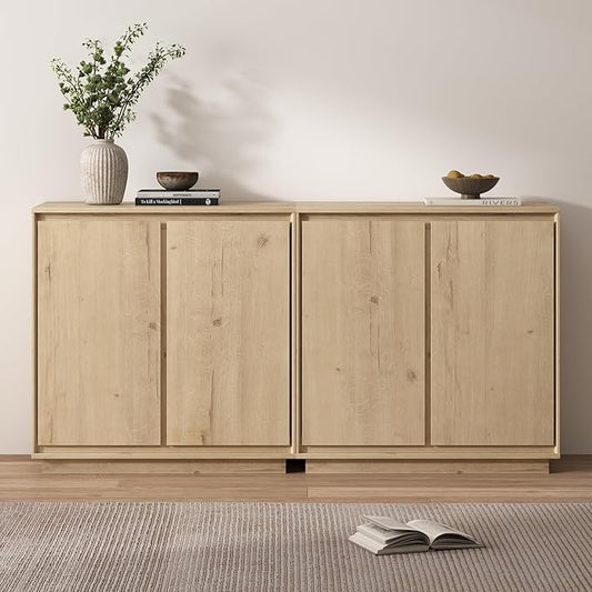 2pcs Sideboard Cabinet Buffet Cabinet with Storage with Adjustable Shelves and Handle-Free Design Suitable for Kitchens,Hallway,and Living Rooms Light Oak