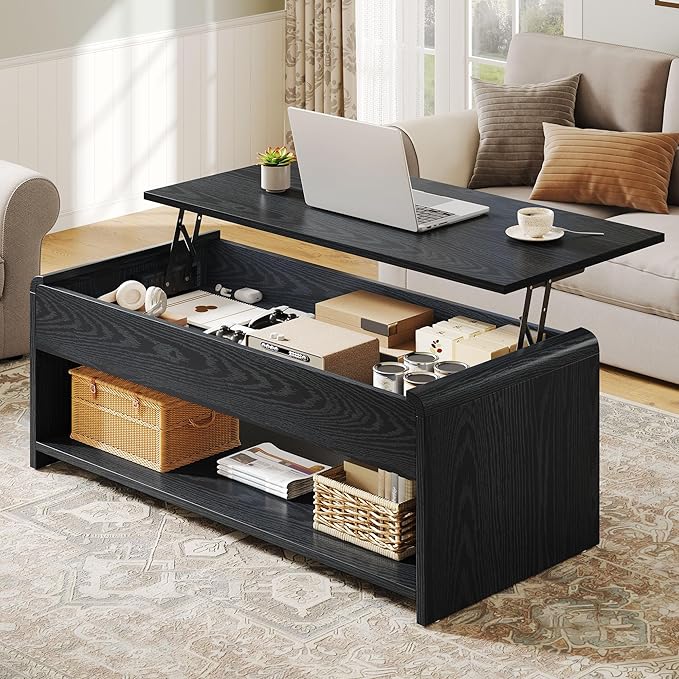 Lift Top Coffee Table, 35'' Multi-Function Coffee Table with Hidden Compartment & Open Shelf, Curved Profile Design, Converts to Home Office Table, Dining Table for Living Room, Black