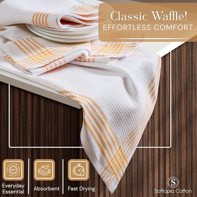 Waffle White & Multi Colors Kitchen Towels Set of 12, 100% Cotton, 16x26 inches, Durable Dish Towel, Quick Dry Dishcloths, Ideal for Drying, Wiping - Mustard Yellow, Sky Blue, Brown