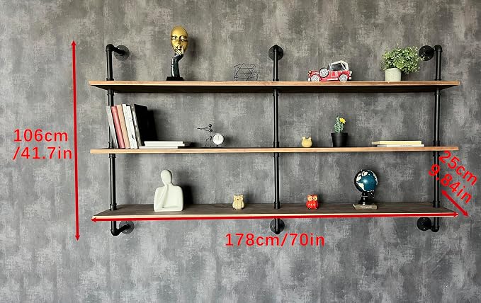 HDDFER Floating Shelves 70 inch Wall Bookshelf Industrial Pipe Shelving Shelves Real Wood Planks Rustic Wall Shelves Hanging Bookshelves Farmhouse Kitchen Bar Shelving