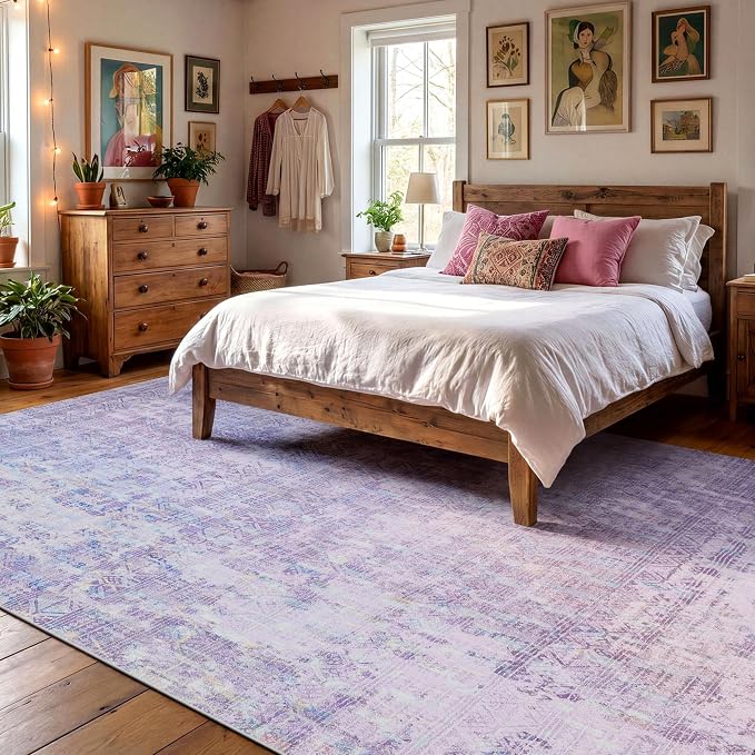 Kokia Abstract Area Rugs 8x10 Bedroom Soft Living Room Rugs Washable Distressed Vintage Comfy Lavender Carpet with Non-Slip Backing for Farmhouse Home Office Room Decor