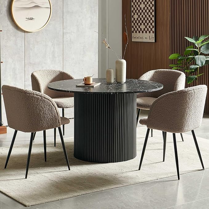 Farmhouse Black Dining Table Set for 4,Rustic Round Kitchen Table Set with Brown Upholstered Sherpa Dining Chairs, Modern Kitchen Table and Chairs Set for Living Room, Dining Hall,Restaurant