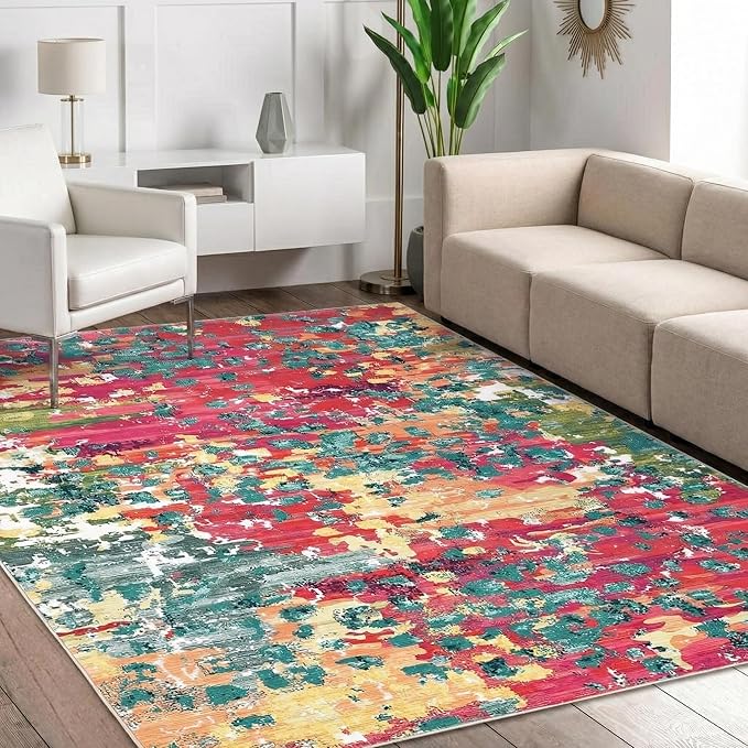 GAOMON 9x12 Washable Boho Chic Abstract Watercolor Design Area Rug Low Pile Thin Living Room Rug Non Slip Soft Bedroom Rug Abstract Accent Carpet for Dining Room Nursery, Pink/Multi