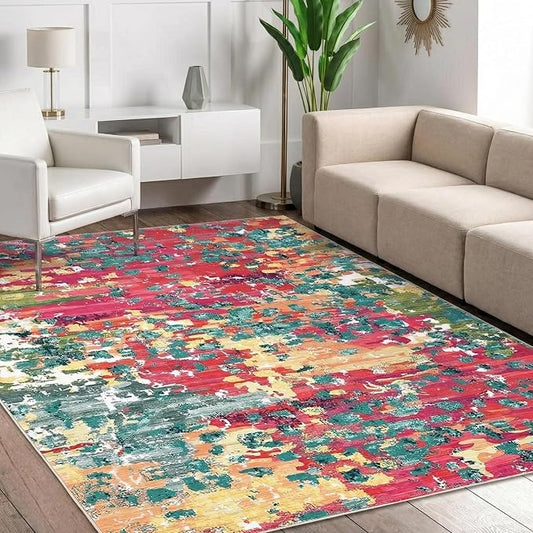 GAOMON 9x12 Washable Boho Chic Abstract Watercolor Design Area Rug Low Pile Thin Living Room Rug Non Slip Soft Bedroom Rug Abstract Accent Carpet for Dining Room Nursery, Pink/Multi