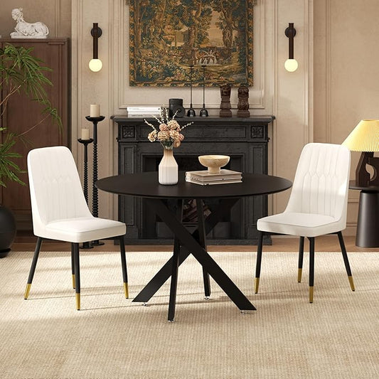 RGZ Mid Century Black Round Dining Table Set for 2, 36" Small Wooden Circle Kitchen Table & 2 White PU Leather Kitchen Chairs, Dinner Table Set for Home, Apartment, Dining Room