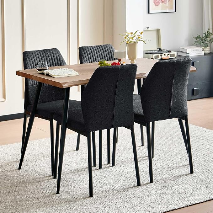 Dining Table Set for 4, Modern Wood Irregular Rectangle Dining Table, Linen Fabric Dining Chairs 4,Table and Chairs Set of 4 for Kitchen Dining Room, Black
