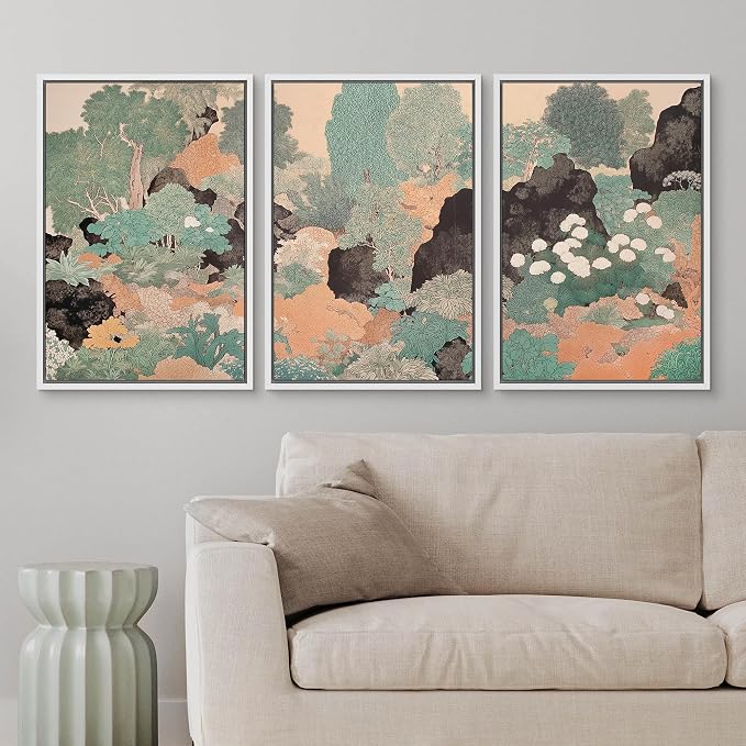wall26 Framed Print Wall Art Set Vintage Japanese Garden Landscape Decorative Minimal Relax/Zen for Living Room, Bedroom, Office - 24"x36"x3 WHITE