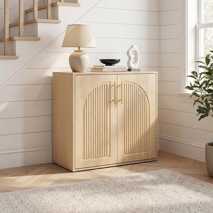Fluted Sideboard Buffet Cabinet with Storage, Arched Doors & Adjustable Shelves, Modern Accent Credenza, Anti-Tip Console Cabinet for Living Room, Entryway, Hallway & Kitchen,Natural Oak