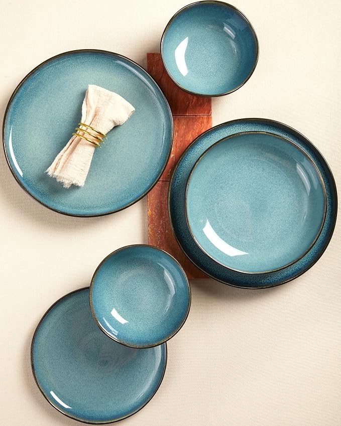 Pokini Plates and Bowls Sets, 16 Pieces Dinnerware Set for 4 with Pasta Bowls, Handmade Dishes Set, Chip Resistant Dishware Sets, Microwave Safe Dinner Set, Designed for Interactive Meals, Green Black