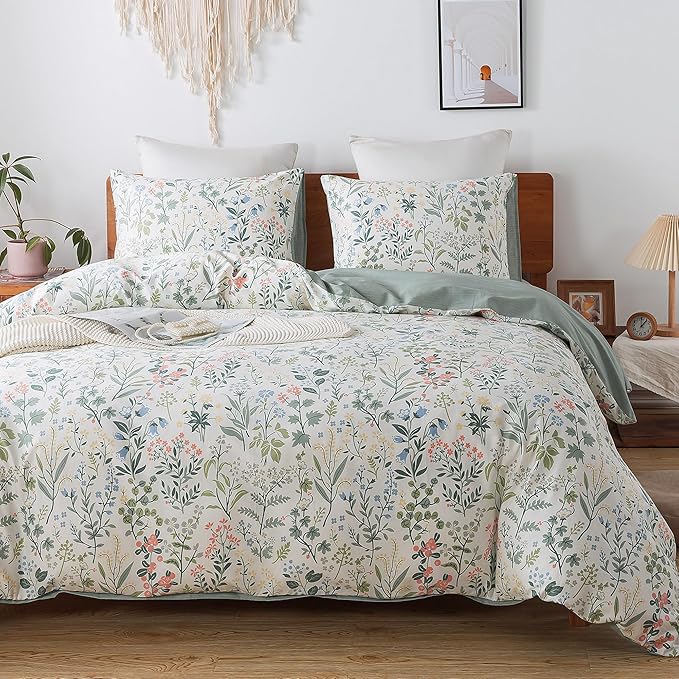 HoneiLife Duvet Cover Twin Size - 100% Cotton Comforter Cover Floral Duvet Cover with Zipper Closure & Corner Ties,2-PCS Wildflower Comforter Cover Sets- Fragrant Grass