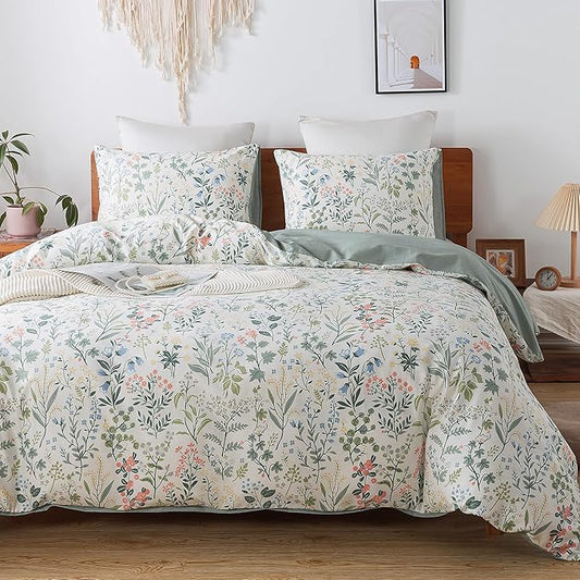 HoneiLife Duvet Cover Twin Size - 100% Cotton Comforter Cover Floral Duvet Cover with Zipper Closure & Corner Ties,2-PCS Wildflower Comforter Cover Sets- Fragrant Grass