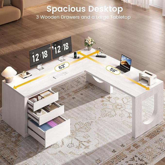 SEDETA Modern L Shaped Desk with 3 Drawers, 63" Executive Office Desk with File Drawer, Wood Corner Computer Desk with U-Shaped Legs & Relief Texture, Home Office Desk with Power Outlet, White