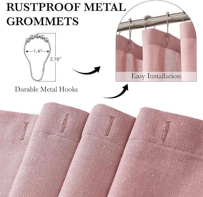 KGORGE Linen Fabric Shower Curtains-Semi Sheer Button Hole Lightweight Waterproof Privacy Linen Blend Shower Curtains Sets for Bathroom Bathtub with 12 Hooks, 72 x 84 inches Long, Dusty Pink, 1 Panel