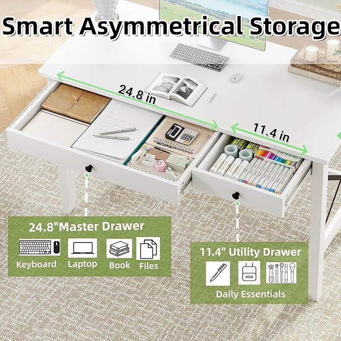 JSB 43.3'' White Computer Desk for Home Office,Farmhouse Executive Desk with 2 File Drawers,Study Writing Table Storage Cabinet,Makeup Vanity Desk for Bedroom (White, 43.3in)