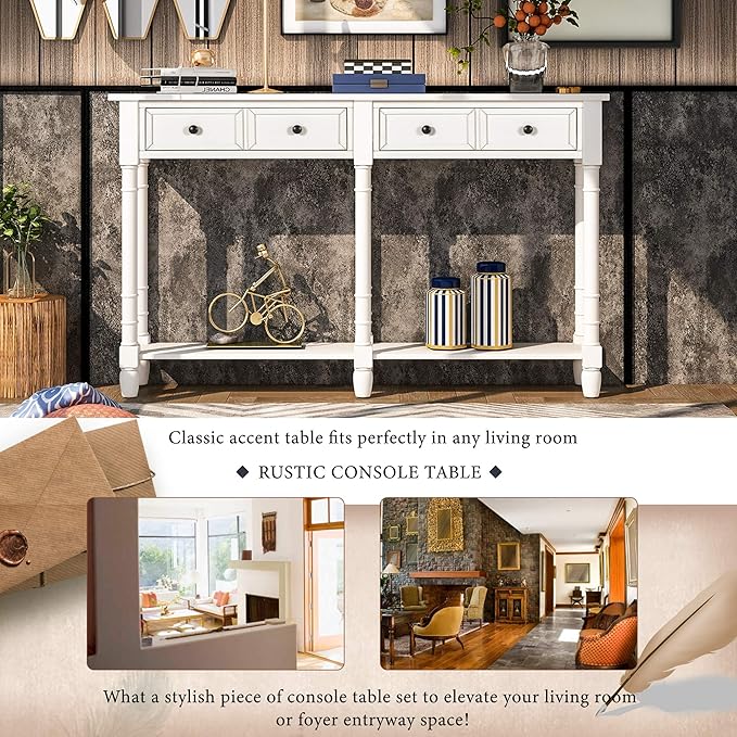 Merax Retro Console Table Sofa Table for Entryway with Drawers and Shelf Living Room Table (White)