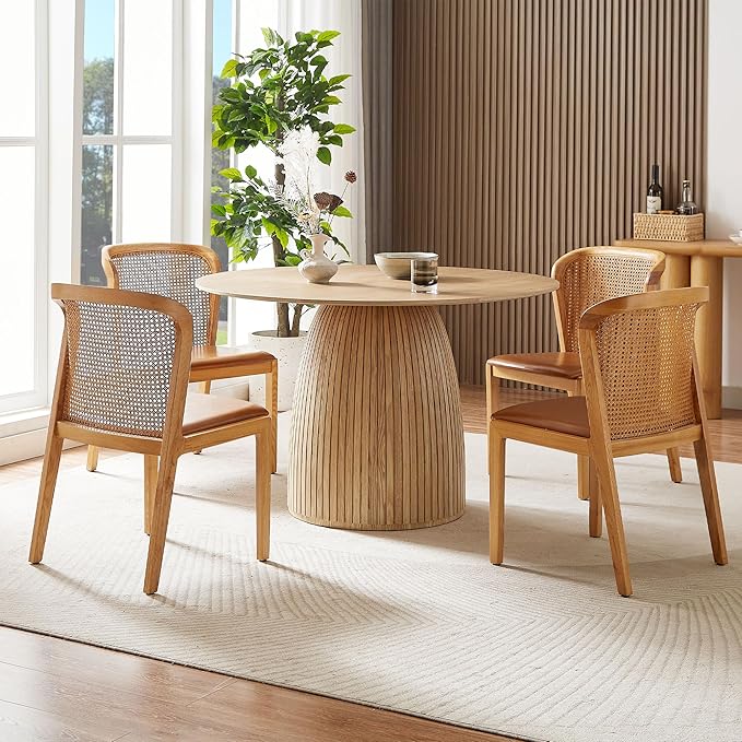 47.24" Round Dining Table for 4 6 People, Modern Farmhouse Wood Dining Room Table with Circle Table Top & Fluted Circular Drum Pedestal Base for Kitchen, Restaurant, Café, Oak