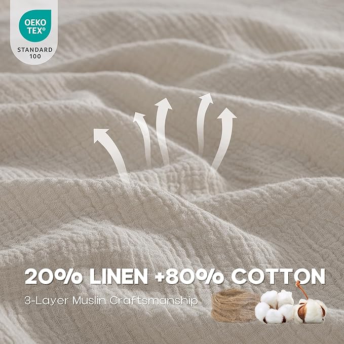 Simple&Opulence Linen Muslin Duvet Cover Set King Size, 3Pcs Grey Linen Cotton 3-Layer Gauze Minimalist Comforter Cover 104”x92”, Ultra Soft Breathable Seersucker Bedding Set with 2 Pillowcases