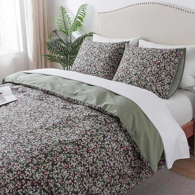 HoneiLife Duvet Dover King Size - 100% Cotton Comforter Cover Floral Duvet Cover Sets, Breathable Bedlinen for Set with Zipper Closure & Corner Ties,3-PC Wildflower Comforter Cover Sets, Berry
