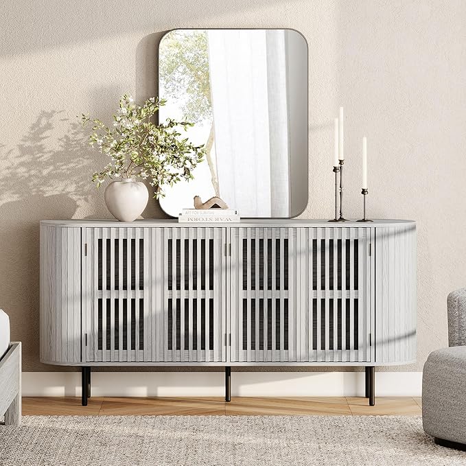 WAMPAT 66" Fluted Sideboard Buffet Cabinet, Wood Storage Cabinet with 4 Doors, Mid Century Modern Credenza for Dining Room, Living Room, Kitchen, White Washed