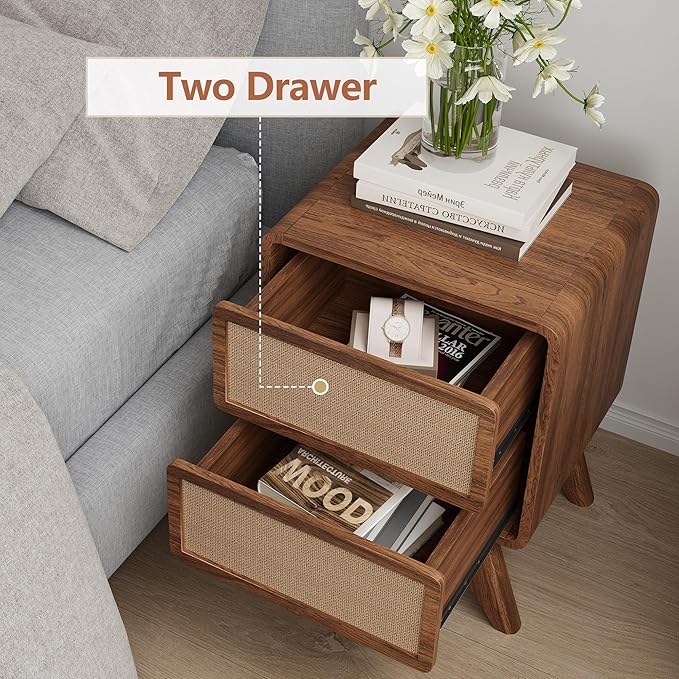 AVZEAR Mid Century Night Stand Set of 2, Wood Bedside Table Curved Round Edge Nightstands with 2 Drawers and Solid Wood Legs, End Table Side Table for Small Space, Dorm, Bedroom(Walnut)
