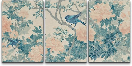 wall26 Canvas Print Wall Art Set Elegant Blue Bird and Peony Floral Pattern Decorative Minimal Relax/Zen for Living Room, Bedroom, Office - 16"x24" x 3