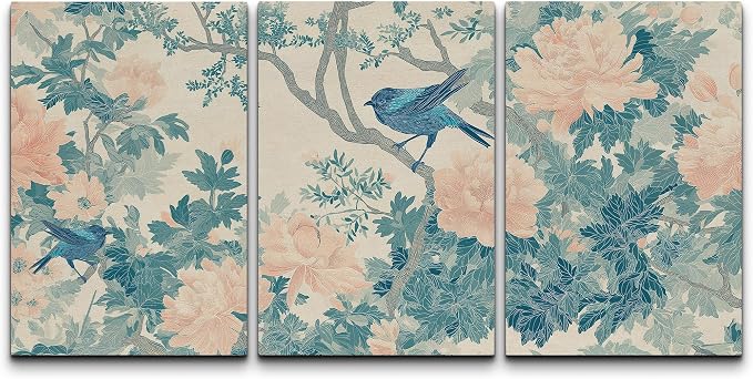 wall26 Canvas Print Wall Art Set Elegant Blue Bird and Peony Floral Pattern Decorative Minimal Relax/Zen for Living Room, Bedroom, Office - 24"x36" x 3