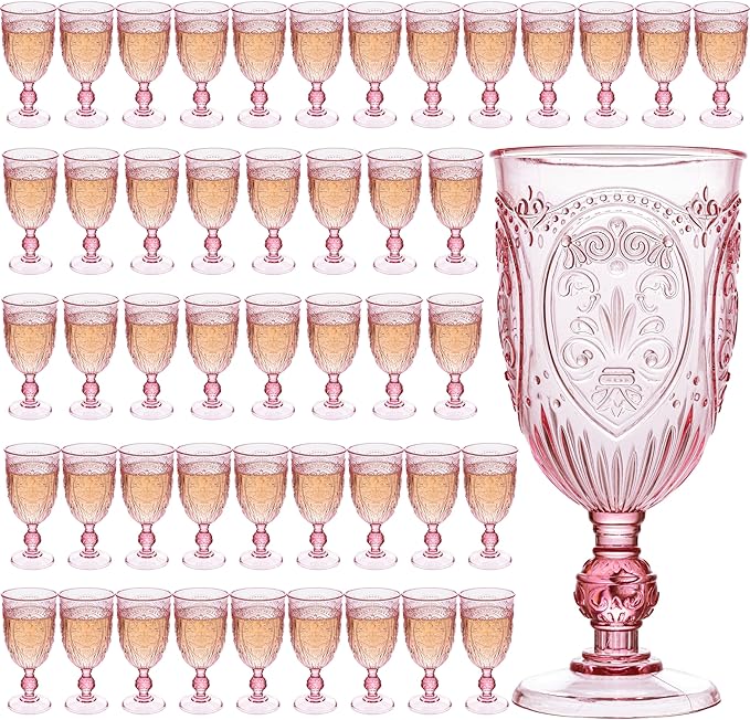 JLYLOL Plastic Wine Glasses 48Pcs Plastic Goblets 7.5oz Colored Retro Embossed Glassware Vintage Stemmed Drinking Cup Reusable Water Goblets for Wedding Reception Grand Event Party Bar,Whiskey (Pink)