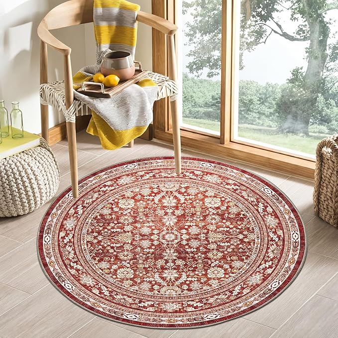 OPPODREAM Vintage Red Round Rug 4ft, 4 ft Retro Washable Circle Rug Non Slip, Low-Pile Faux Wool Circular Carpet, Distressed Floor Mat for Living Room, Bedroom, Office, Dorm, Dinning Room