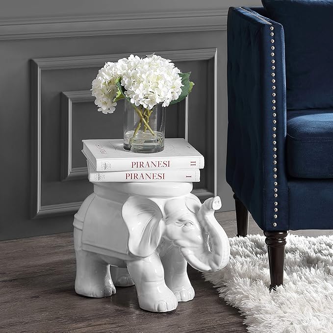 JONATHAN Y TBL1007A White Elephant 14.2" Ceramic Indoor/Outdoor Garden Stool, Coastal, Contemporary, Side Table, Plant Stand, Spill-Proof, Living Room, Bathroom, Garden Room, Patio, Antique White