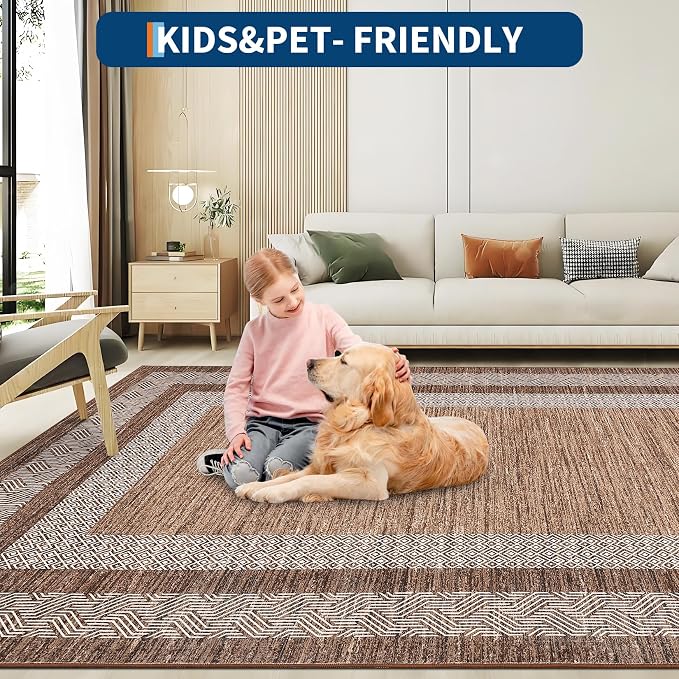 GarveeHome 2.5x8 Modern Bordered Runner Rug Soft Non Slip Washable Floor Carpet Distressed Geometric Hallway Indoor Printed Rug for Kitchen Entrance, Dark Brown