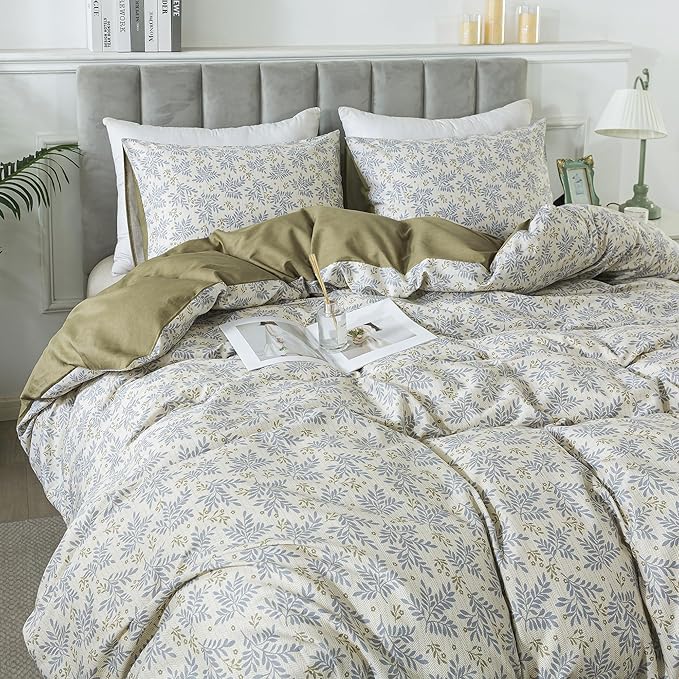 HoneiLife Floral Duvet Cover King - 100% Cotton Comforter Cover,Breathable Bedlinen Set with Zipper Closure & Corner Ties, Botanical Comforter Cover Sets 3-PC