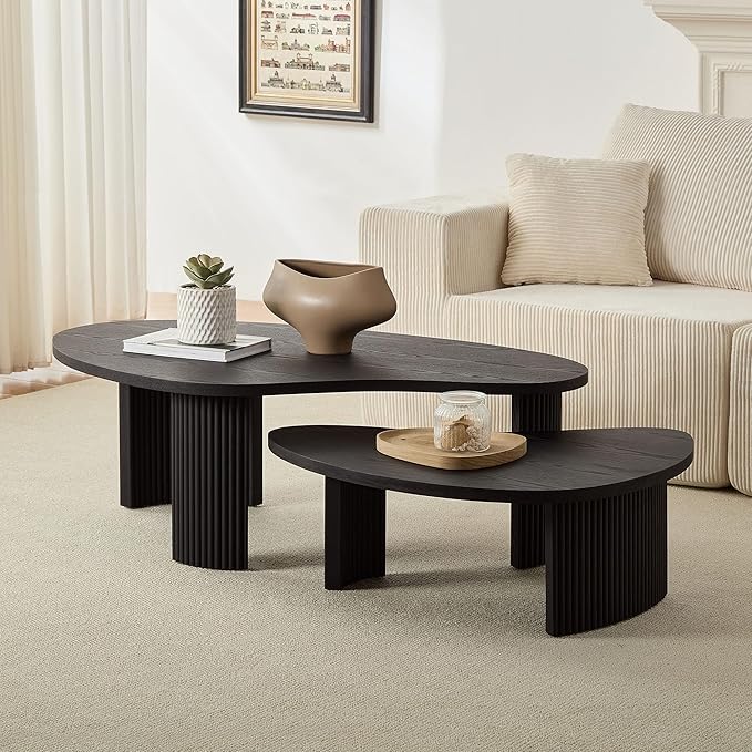 Nesting Coffee Table Set of 2, Irregular Shape Center Table 2-Piece Modern Side Table End Table for Living Room Aoartment Office, Black