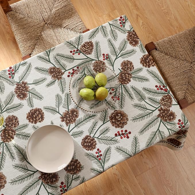 ISAENNE Designer Christmas Beige Linen Square Tablecloth,Pinecones Pattern Indoor Tablecloths,Wrinkle Resistant Decor Table Cloth for Dining Thanksgiving Kitchen Christmas,67"*67"-Carol B