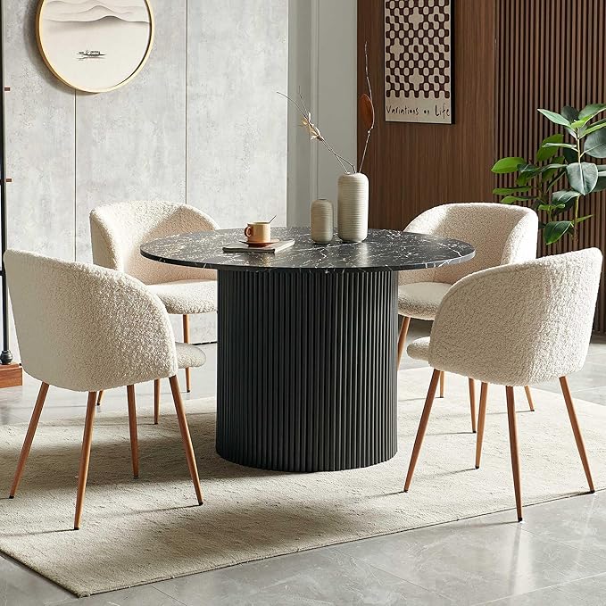 Modern Mid-Century Dining Table Set for 4, Black Round Kitchen Table Fluted and Off White Dining Arm Chairs Set Upholstered Fluffy Faux FurReception Chairs with Metal Legs,Black Marble Look