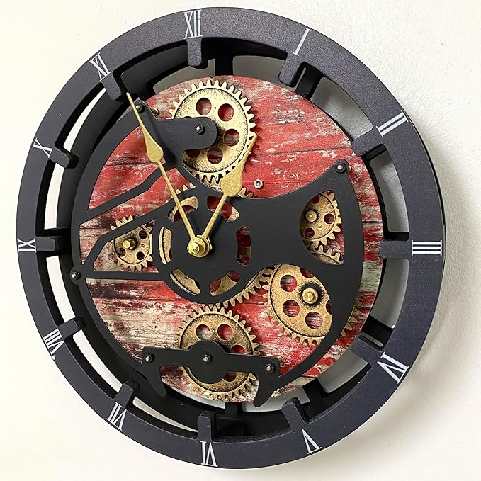 ImprovingLife The Gears Clock Desk Clock 10 inches with Real Moving Gears Convertible into Wall Clock (Red Lava)