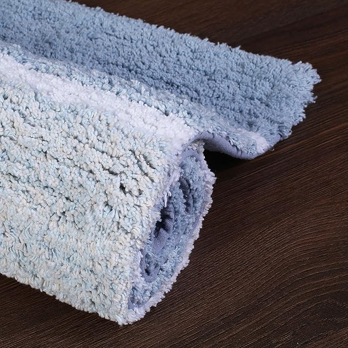 Bathroom Rugs Set 2 Piece Blue/White Luxury Stripe Non-Slip Cotton Bath Mats for Bathroom Floor |Quick Dry Shaggy Carpet for Tub Spa Shower|Living Room Entry Way Door Mats |21x32 & 17x24 Inches