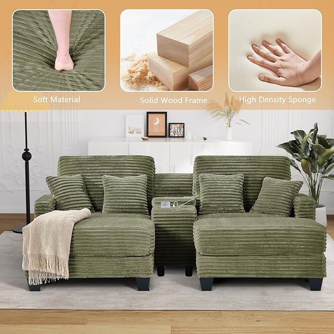 Oversized Chaise Lounge Chair Indoor with Storage & USB, Cup Holder & Ottoman, Firm Solid Wood Frame with Long Service Life Corduroy Oversized Lounge Reading Chair for Large Study Room - Olive Green